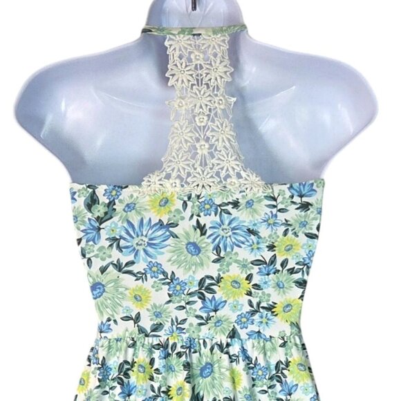 No Boundaries Juniors Crochet Back Blue Floral Cottagecore Flare Mini Dress Sz L - Picture 5 of 7